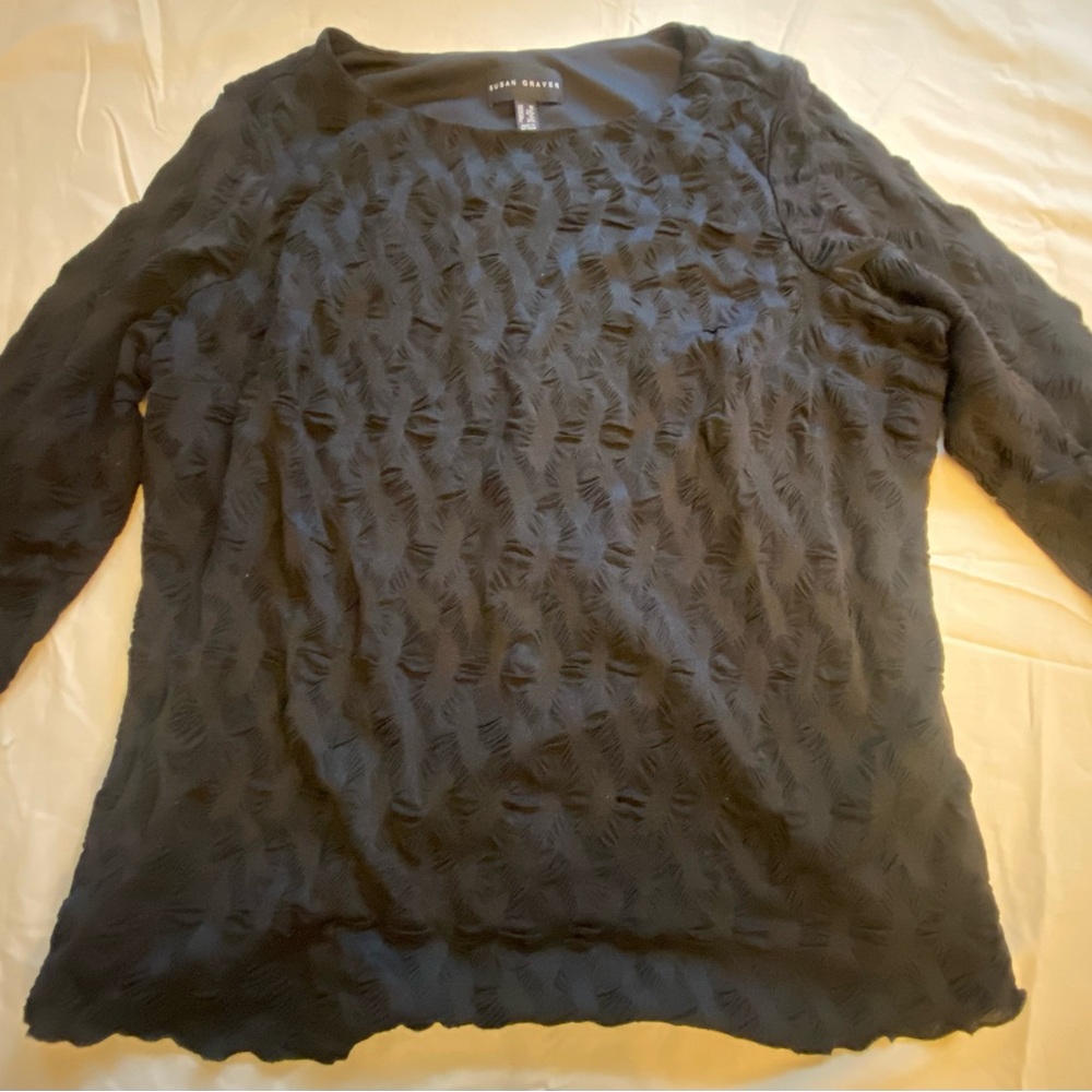 Susan Graver Black Textured 3/4 Sleeve blouse artsy lagenlook whimsigoth